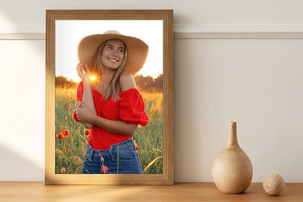 Ein gerahmtes Bild einer jungen Frau, die in einem Feld steht.